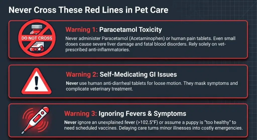 Dr Mohd Sajeed of PetYaari presents a dark infographic with red warning banners about pet care, highlighting tips and cautions for first-time owners in Hyderabad