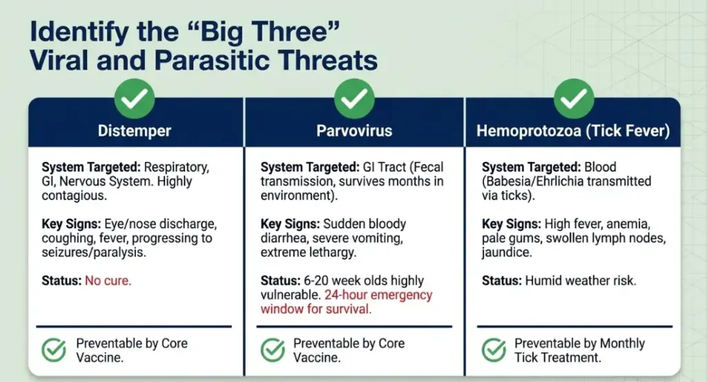 Infographic titled Identify the 'Big Three' Viral and Parasitic Threats showing Distemper, Parvovirus, and Hemoprotozoa (Tick Fever) with system targets and key signs.