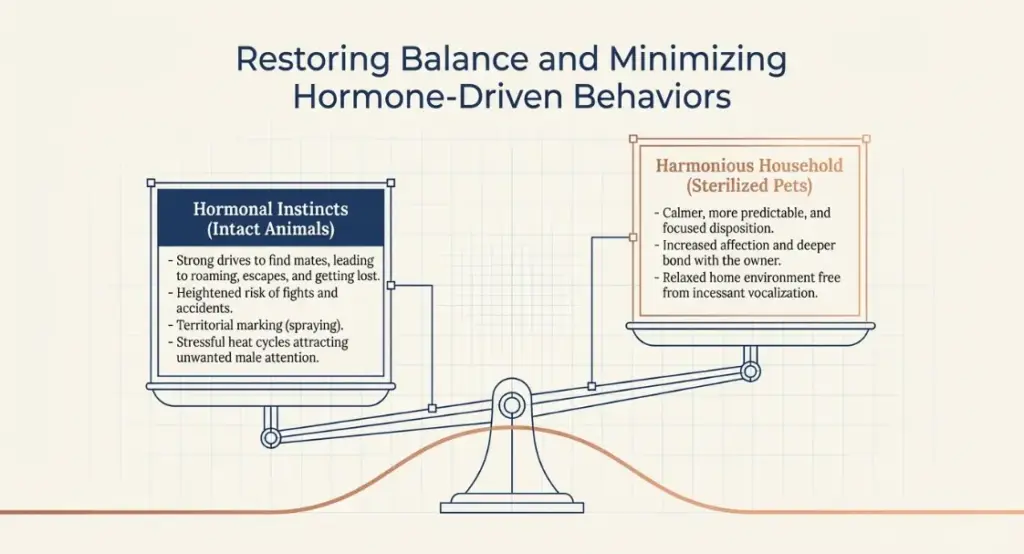 Diagrammatic illustration with a two-pan balance showing hormonal instincts on one side and a harmonious household on the other, using blue and orange panels