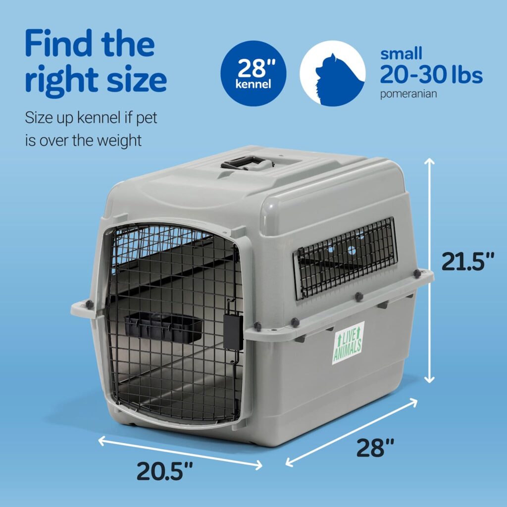 Travelling with Pets in India: Train and Car Journey Safety A 28-inch pet travel kennel suitable for small dogs weighing 20-30 lbs, with dimensions and sizing advice for safe pet travel