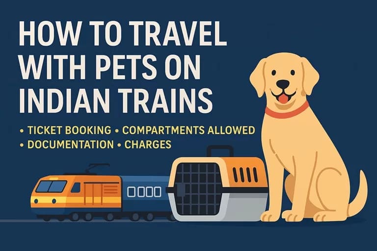Travelling with Pets in India: Train and Car Journey Safety Illustration showing key aspects of traveling with pets on Indian trains, including ticket booking, compartments allowed, documentation, and charges
