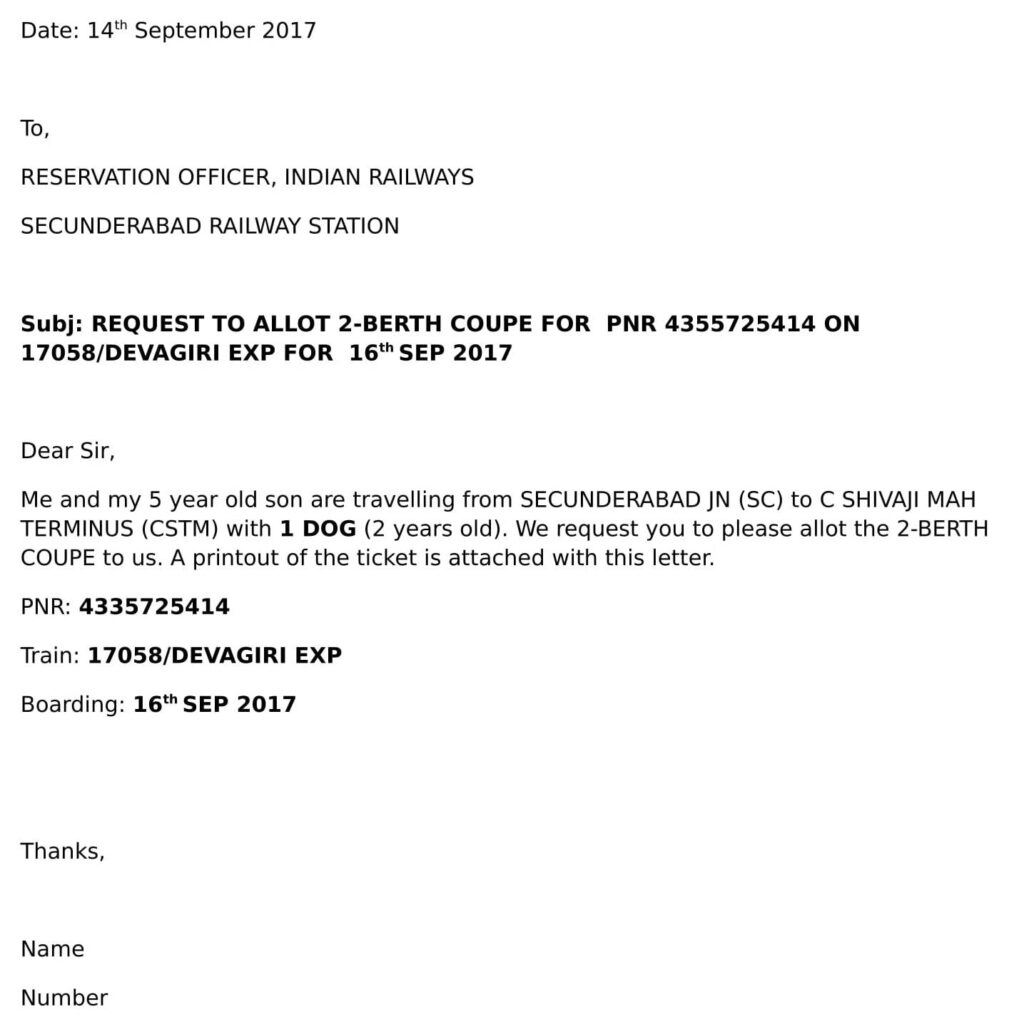 Formal letter requesting a 2-berth coupe allotment on Indian Railways for travel with a pet dog