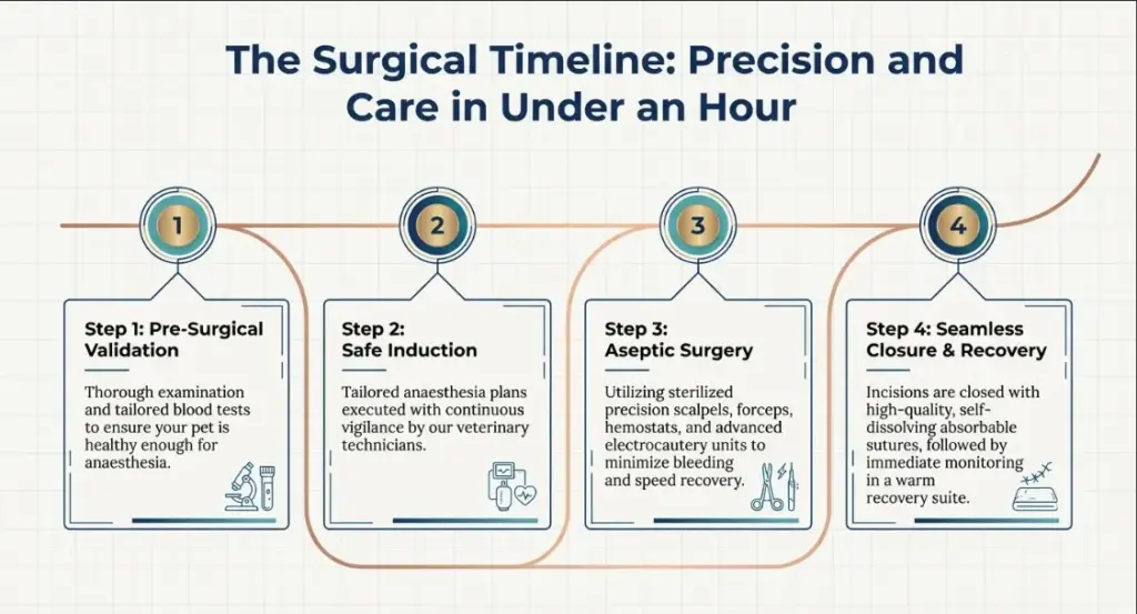 Infographic titled The Surgical Timeline: Precision and Care in Under an Hour, associated with Dr Mohd Sajeed of Petyaari in Hyderabad, showcasing four step process icons on a grid