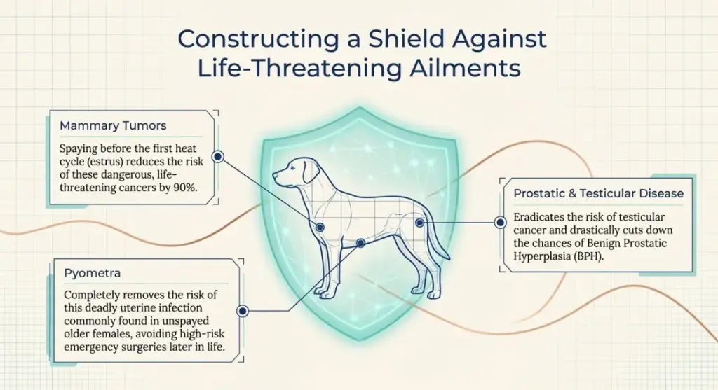 Infographic about spay and neuter benefits for dogs, featuring a blue shield and a dog silhouette with health outcome callouts such as mammary tumors, pyometra, and prostate health