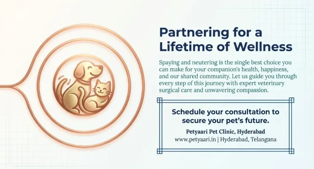 Branding illustration for PetYaari Pet Clinic showing a dog and a cat nestled inside orange concentric rings, conveying wellness and veterinary care in Hyderabad