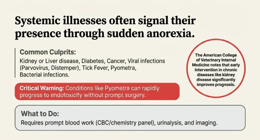 Infographic describing systemic illnesses that signal presence through sudden anorexia, listing common culprits such as kidney or liver disease, diabetes, cancer, infections, and the need for diagnostic steps.