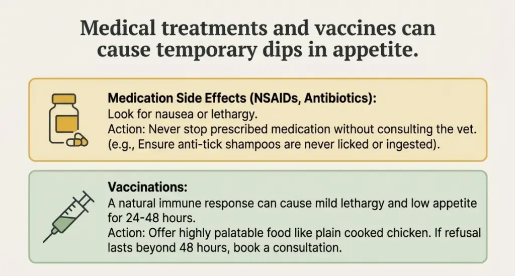 Infographic illustrating two panels: one about medication side effects from NSAIDs and antibiotics, and another about vaccinations causing mild, temporary dips in appetite, with a bottle icon on the left of the first panel and a syringe icon on the left of the second.