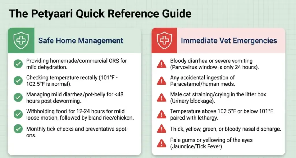 Pet Care Guide for First-Time Pet Owners Petyaari Quick Reference Guide infographic featuring two panels: Safe Home Management and Immediate Vet Emergencies, with green and red accents and a reference to Dr Mohd Sajeed