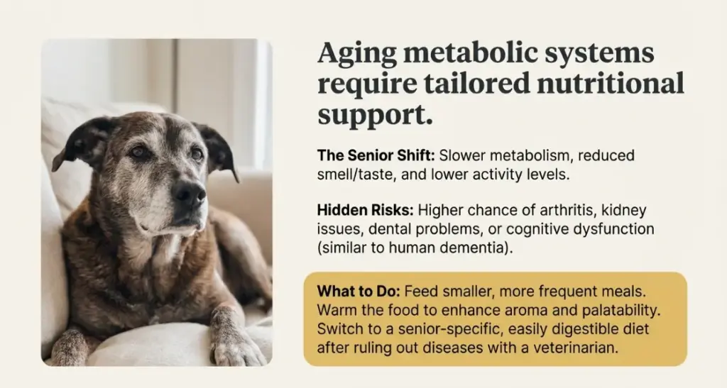 Brown senior dog with a gray muzzle sits beside a beige page discussing aging metabolic systems and nutritional support for senior pets, on a PetYaari article