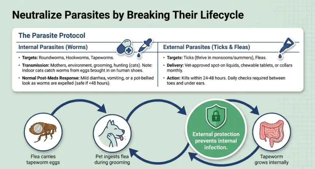 Pet Care Guide for First-Time Pet Owners Dr Mohd Sajeed from Petyaari Pet Clinic Hyderabad presents a green parasite lifecycle infographic showing tapeworm cycle and external/internal parasite stages