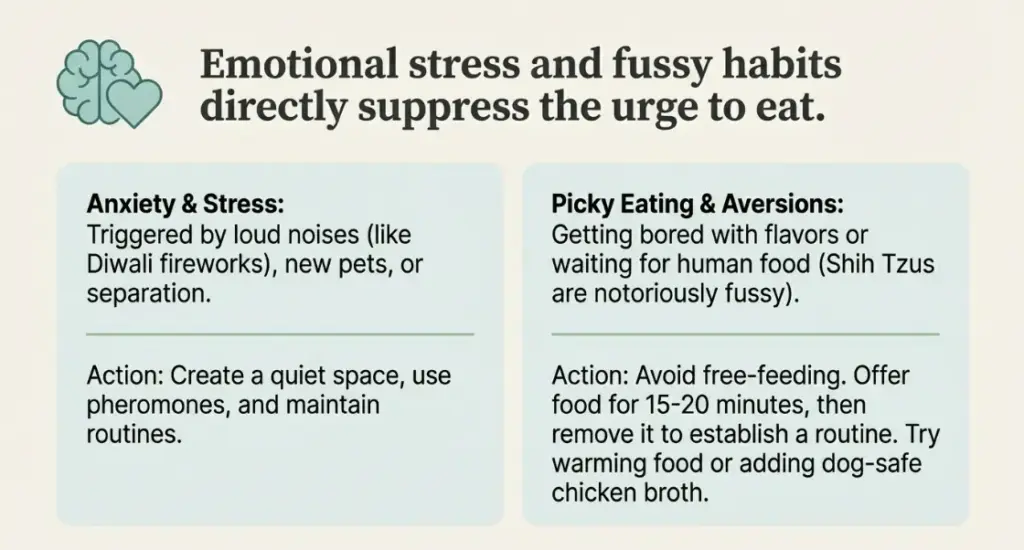 Infographic titled Emotional stress and fussy habits directly suppress the urge to eat, with light blue panels detailing Anxiety & Stress and Picky Eating & Aversions