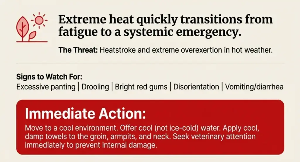 Infographic discussing extreme heat health risks, signs to watch for such as excessive panting, drooling, red gums, disorientation, and the immediate actions to take including moving to a cooler environment and applying damp towels