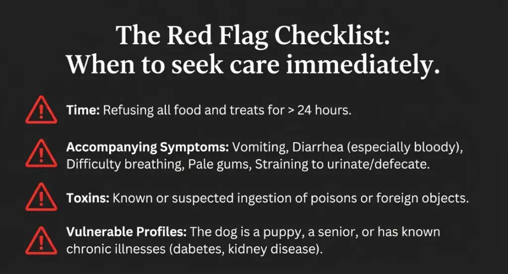The Red Flag Checklist with red triangular warning icons and bold headings listing time, symptoms, toxins, and vulnerable profiles for urgent pet care