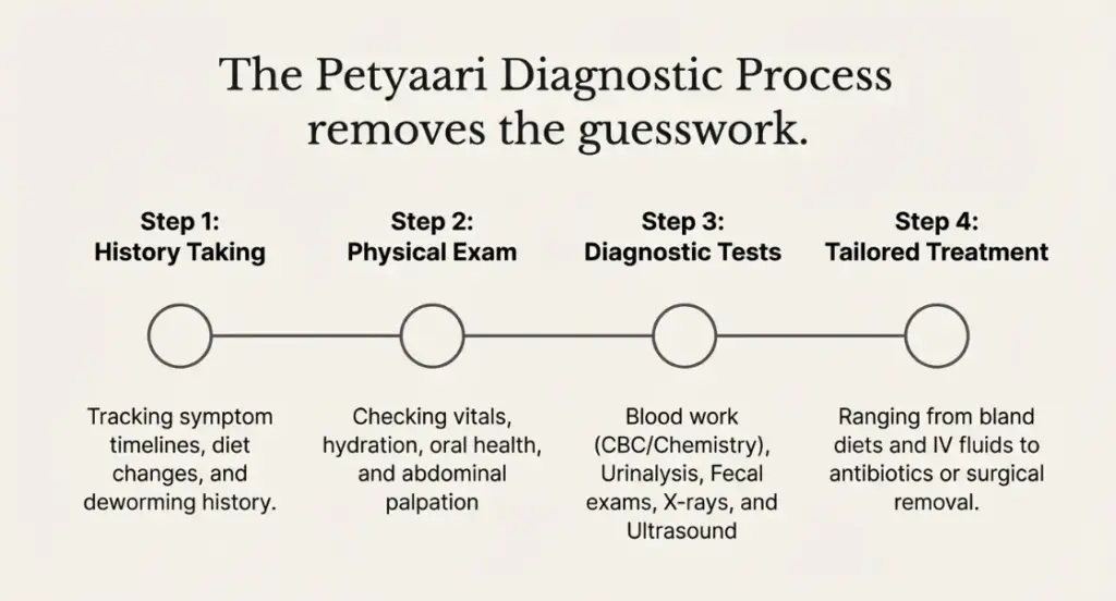 Infographic from PetYaari illustrating a four-step diagnostic process with round circle milestones on a beige background, showing history taking, physical exam, diagnostic tests, and tailored treatment