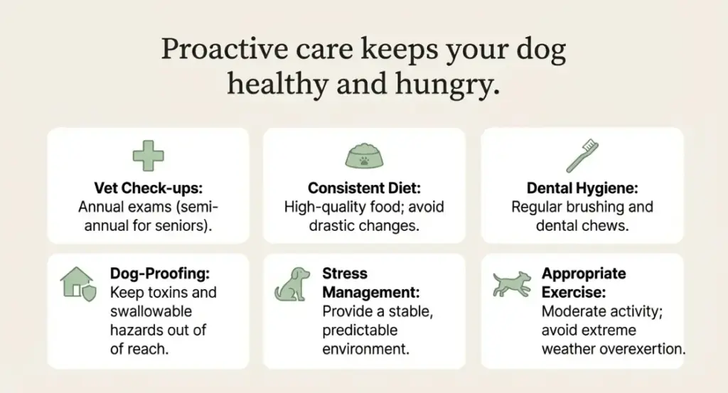Infographic on proactive dog care showing six cards: Vet Check-ups, Consistent Diet, Dental Hygiene, Dog-Proofing, Stress Management, and Appropriate Exercise, set against a beige background with green icons