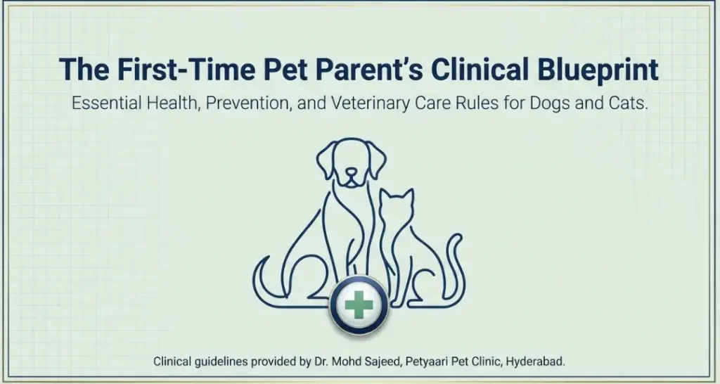 Illustration featuring blue outlines of a dog and cat with a green medical cross, representing The First-Time Pet Parent’s Clinical Blueprint by Petyaari Pet Clinic, Hyderabad