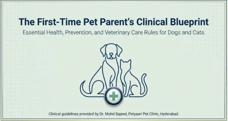 Illustration featuring blue outlines of a dog and cat with a green medical cross, representing The First-Time Pet Parent’s Clinical Blueprint by Petyaari Pet Clinic, Hyderabad