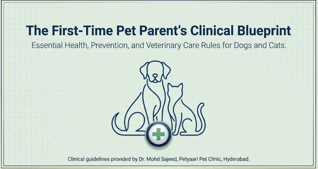 Illustration featuring blue outlines of a dog and cat with a green medical cross, representing The First-Time Pet Parent’s Clinical Blueprint by Petyaari Pet Clinic, Hyderabad