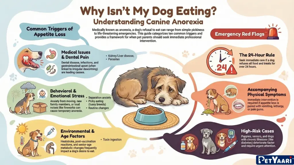 Colorful infographic illustration titled Why Isn't My Dog Eating? depicting canine anorexia with sections on medical issues, behavioral stress, emergency flags, and environmental factors.