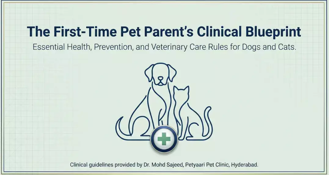 PetYaari Pet Clinic Illustration featuring blue outlines of a dog and cat with a green medical cross, representing The First-Time Pet Parent’s Clinical Blueprint by Petyaari Pet Clinic, Hyderabad